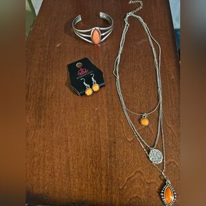 3 piece set. Orange stone, Multi layered necklace, cuff bracelet, and earrings.